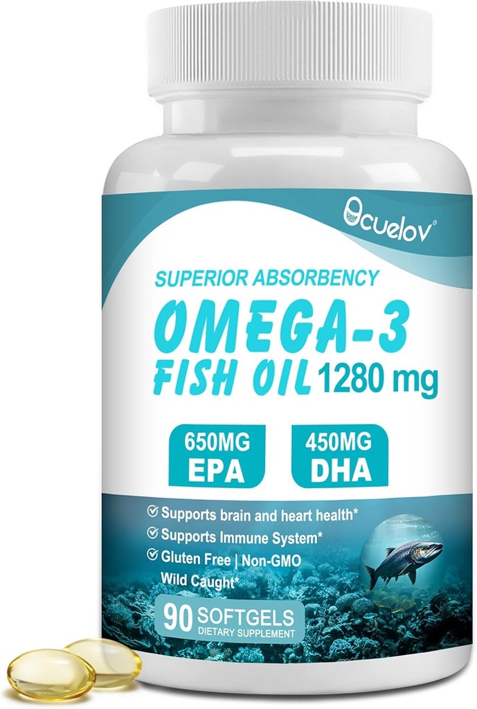 Omega 3 Fish Oil Kosttilskud, Triple Strength Omega 3 Nutritional Supplement med 650mg EPA 450mg DHA Per Servering - Brain, Eye, Heart & immunforsvar Support - 90 Softgels (45 Serv)