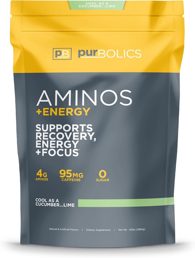 Purbolics Aminos + Energy Measures 124; Understøtter Inddrivelse, Energi & Focus Measures 124; 95mg af Koffein, 0 Sukker & 60 Servering (Cool As Cuckumber... Lime)