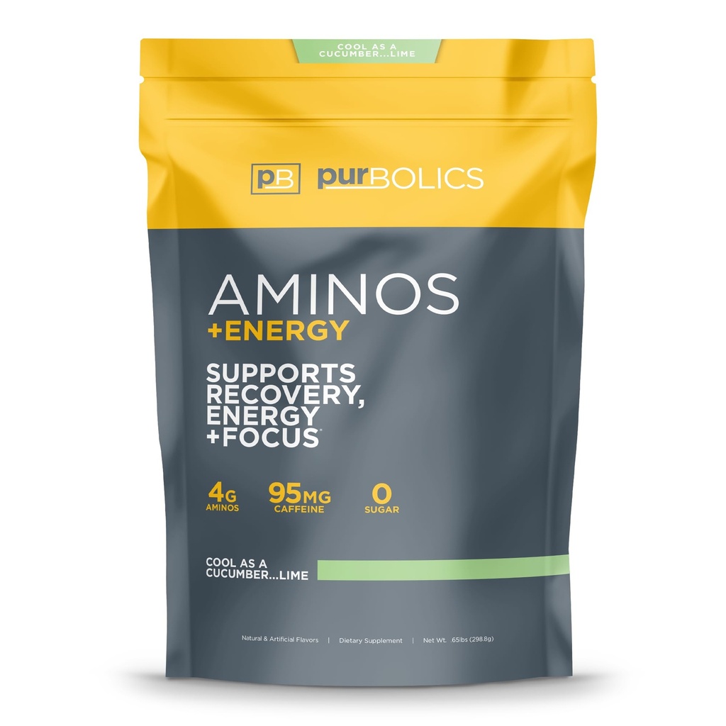 Purbolics Aminos + Energy Measures 124; Understøtter Inddrivelse, Energi & Focus Measures 124; 95mg af Koffein, 0 Sukker & 60 Servering (Cool As Cuckumber... Lime)