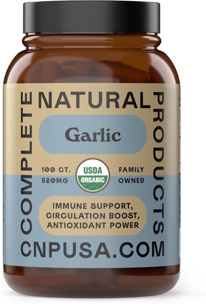 Complete Natural Products Organic Garlic Capsules - 520mg Capsules 100 Count Vegetarian Pills Supplement, Garlic Powder Capsules & Extract