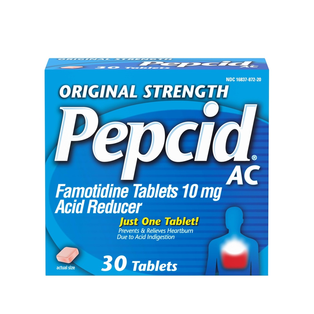 Pepcid AC Original Strength Heartburn Relief Tablets, OTC Medicine Prevents & Relieves Heartburn & Acid Reflux På grund af syrefordøjelsesbesvær, 10mg Famotidinsyre Reducer, Fastvirkende, 30 ct