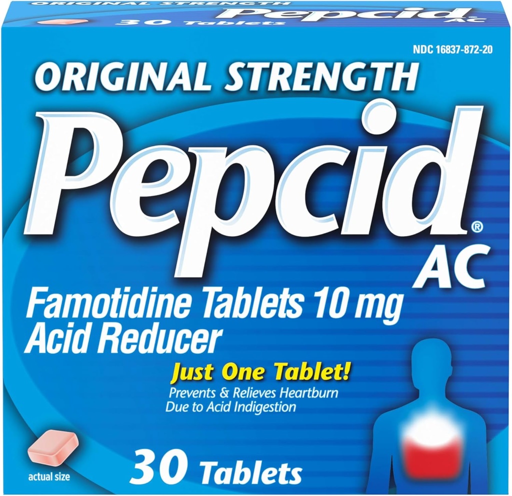 Pepcid AC Original Strength Heartburn Relief Tablets, OTC Medicine Prevents & Relieves Heartburn & Acid Reflux På grund af syrefordøjelsesbesvær, 10mg Famotidinsyre Reducer, Fastvirkende, 30 ct