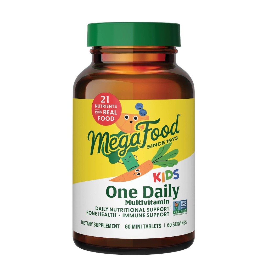 MegaFood Kids One Daily Multivitamin - Praktisk Mini Multivitamin til børn - med zink, Vitamin C, B & D - Vegetarisk, Gluten Free, Ikke GMO - 60 tabletter, 60 Servering