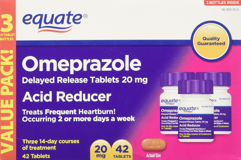 Equate Omeprazol 20 Milligram, Acid Reducer, Forsinket frigivelse, 42 tabletter