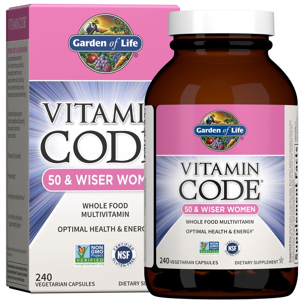 Livets Vitamin Code Multivitamin til kvinder 50 & Over, 240 kapsler, til kvinder 50 Plus med B vitaminer, Vitamin A, C, D3, E & K, CoQ10, Probiotika & enzymer