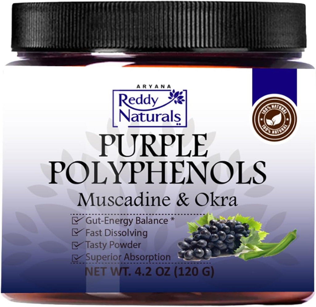 Reddy Naturals - Lilla Polyphenoler tillæg med Muscadine Grape Seed Extract - Natural Gut Health Support Powder med Okra Extract, Antioxidant Blend for Energy & fordøjelsessygdomme (30 Servere)