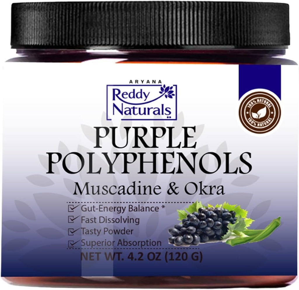 Reddy Naturals - Lilla Polyphenoler tillæg med Muscadine Grape Seed Extract - Natural Gut Health Support Powder med Okra Extract, Antioxidant Blend for Energy & fordøjelsessygdomme (30 Servere)