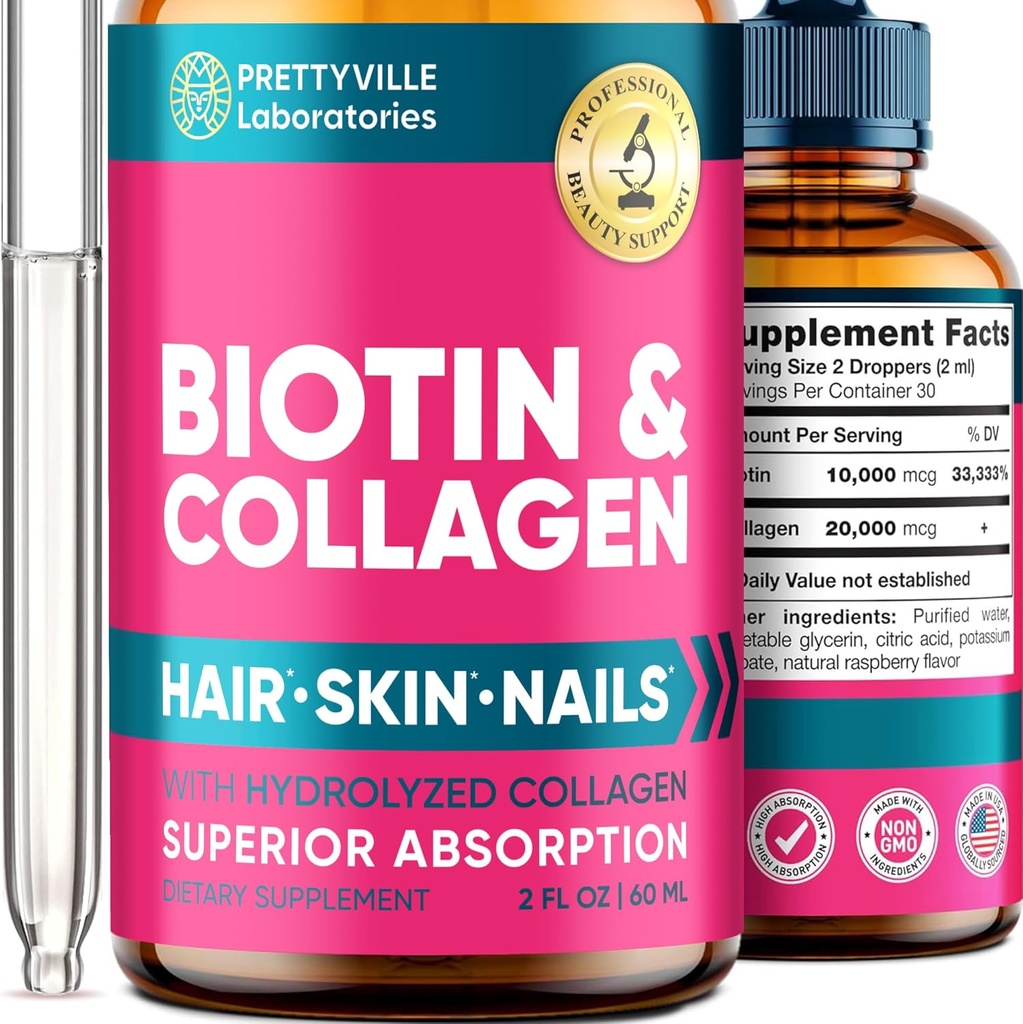 Flydende Collagen & Biotin til kvinder - 30000mcg hårvækst kompleks - Lavet i USA - Hydrolyseret Collagen & Biotin olie til hårvækst, sund hud & negle - Vegan Collagen & Biotin Kilde - 2 fl oz