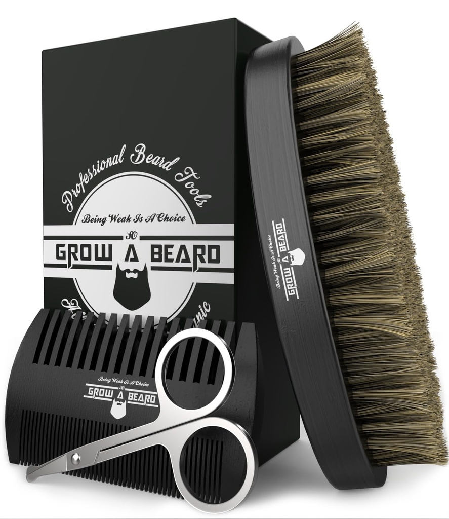 Beard Brush For Mænd & Beard Comb Set w / Mustache Saks Grooming Kit, Natural Vildsvin Brittle Brush, Dual Action Wood Comb, Og Rejsepose Great til jul gave