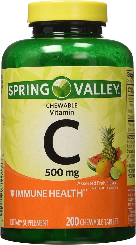 Spring Valley - C-vitamin Multiple Fruit Flavors 500 mg, 200 tyggetabletter (2 Pack) + 1 Mini Travel Pill Container med Keychain (Farver May Vary)
