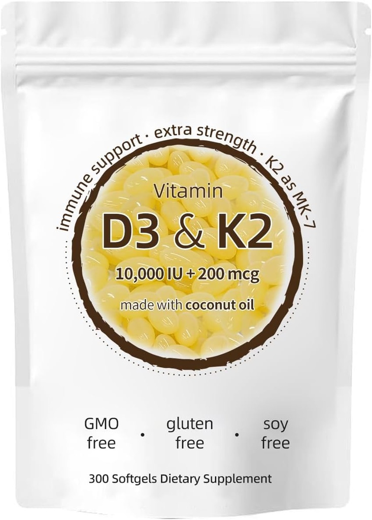 D3- vitamin K2 tillæg, 10000 IE D3 + 200 MCG K2, 300 Softgel, ikke- GMO, Gluten- fri