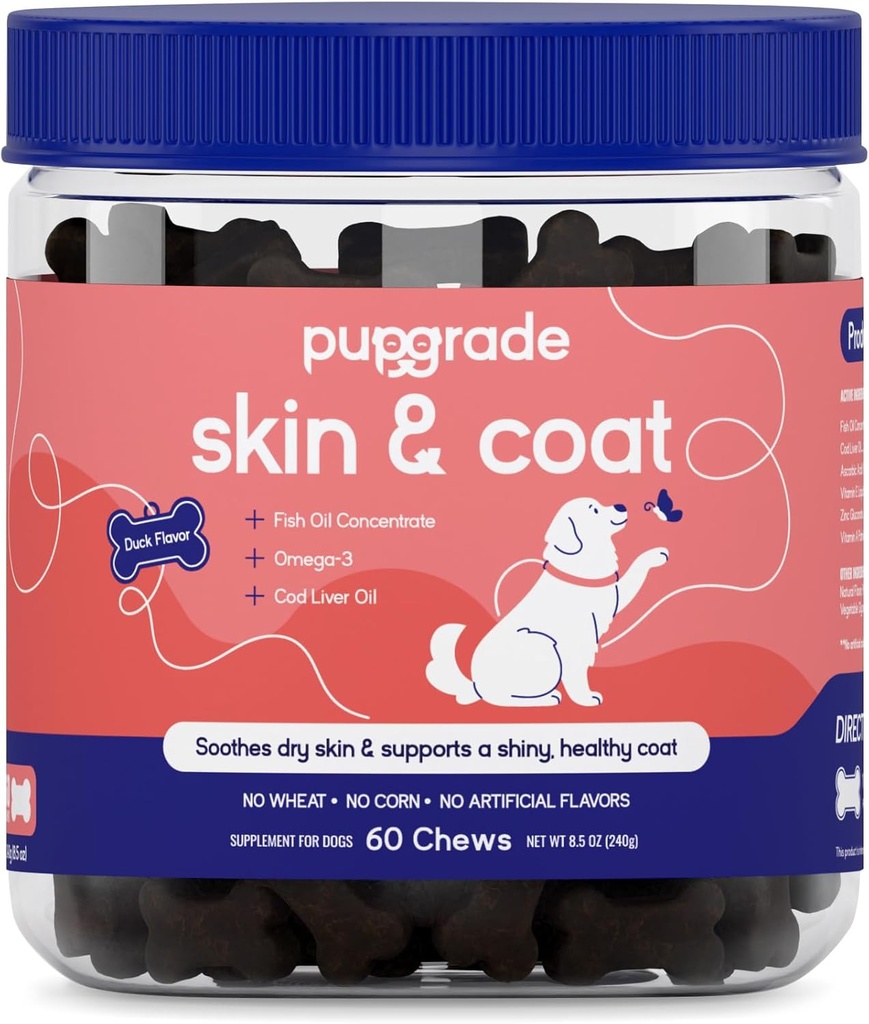 PupGrade Hud & Coat Soft Chew supplement til hunde - Understøtter sund hud, Coat, og immunfunktion - Rig i naturlige fiskeolie, Omega fede syrer, og vitaminer - 60 bløde tygger
