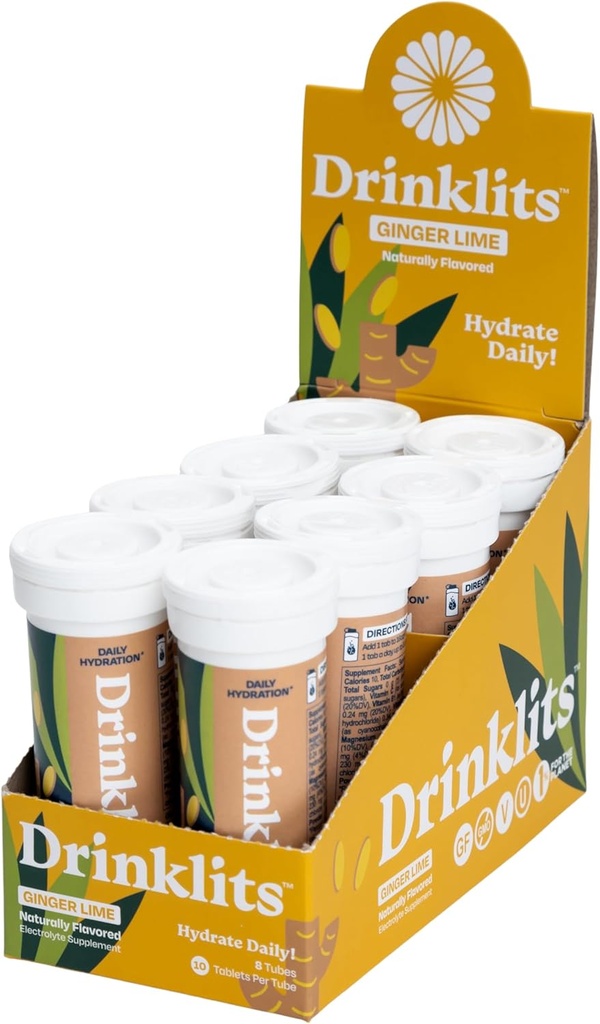 Drinklits Ginger Lime Electrolyte Sports Drink Fizzy Hydration Tablets (8) Tube Bundle - 124; Natural Flavors - 0g Sukker - Daglig brug - 124; 80 Servering - 10 tabletter Per Tube