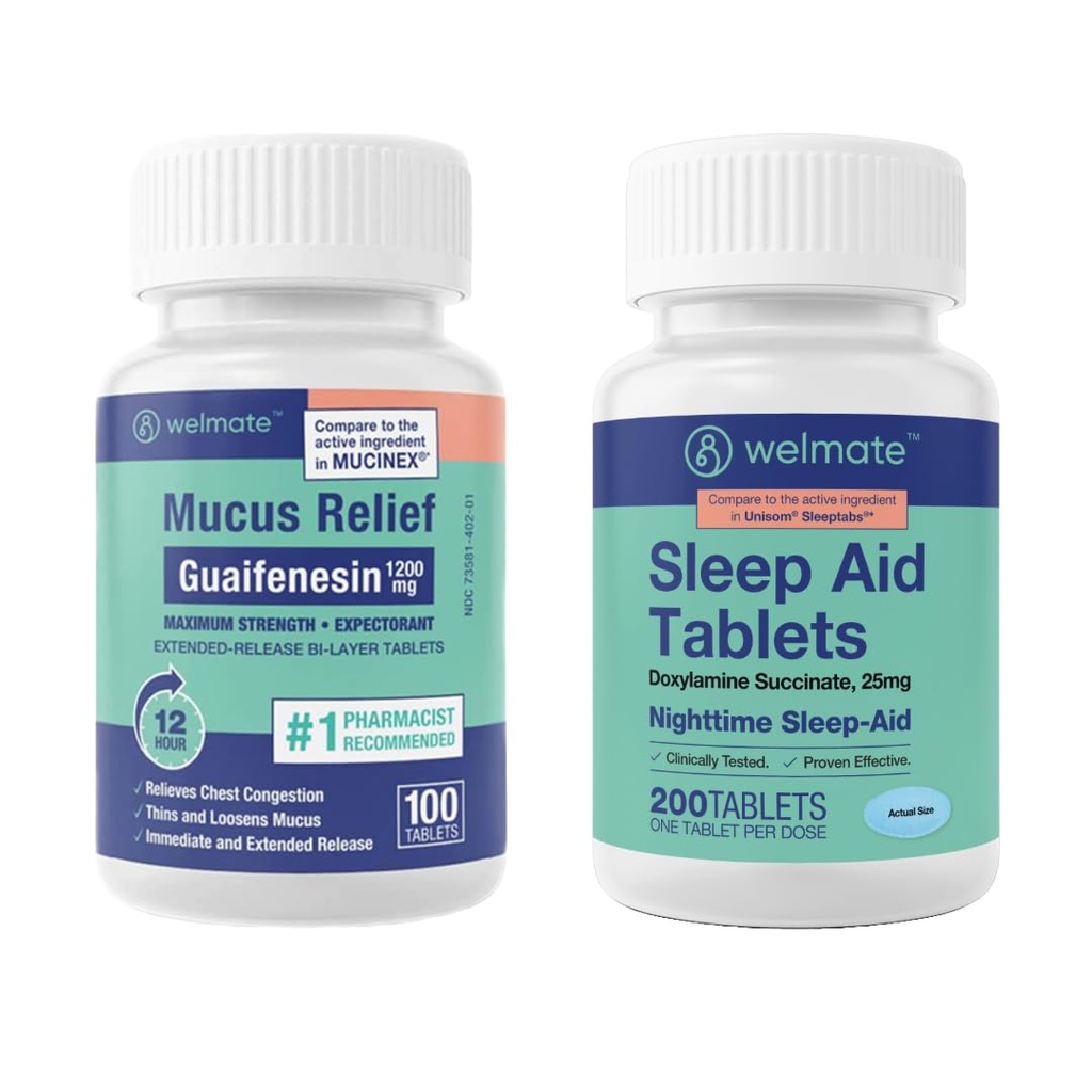 WELMATE Nighttime Wellness Bundle: Maksimal styrke Guaifenesin 1200mg Mucus Relief (100 Ct) & Doxylamin Succinate 25mg Sleep Aid (200 Ct)