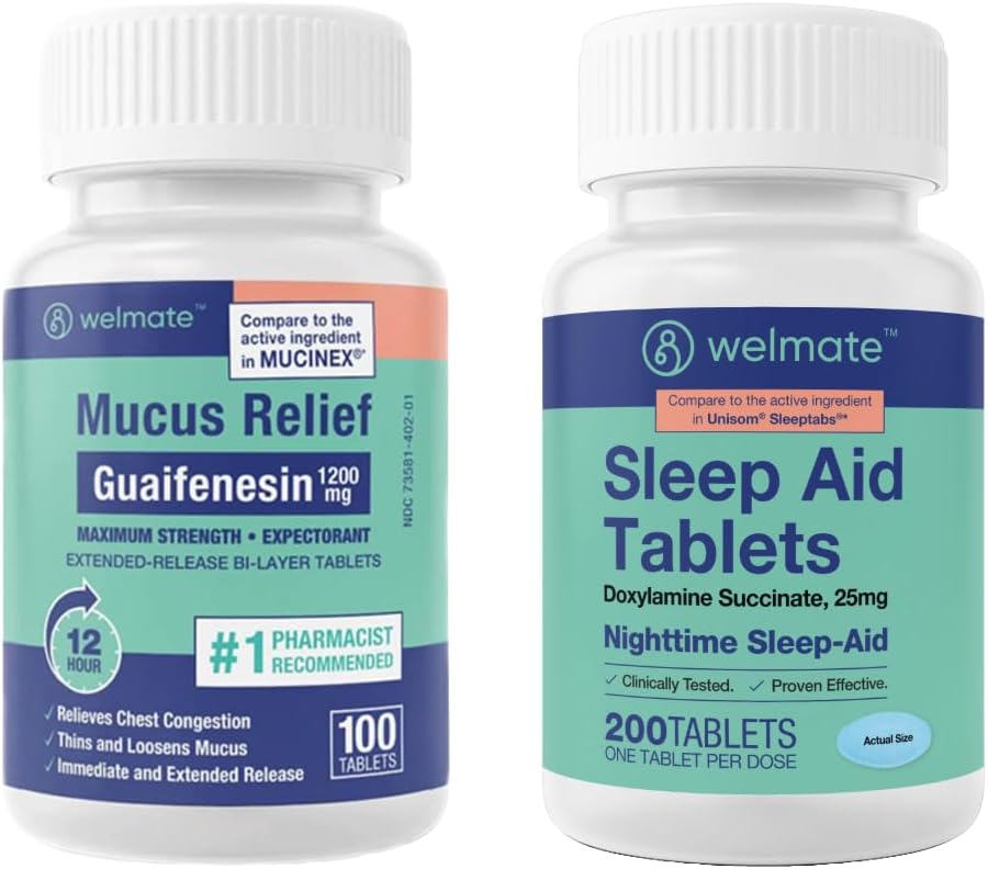 WELMATE Nighttime Wellness Bundle: Maksimal styrke Guaifenesin 1200mg Mucus Relief (100 Ct) & Doxylamin Succinate 25mg Sleep Aid (200 Ct)