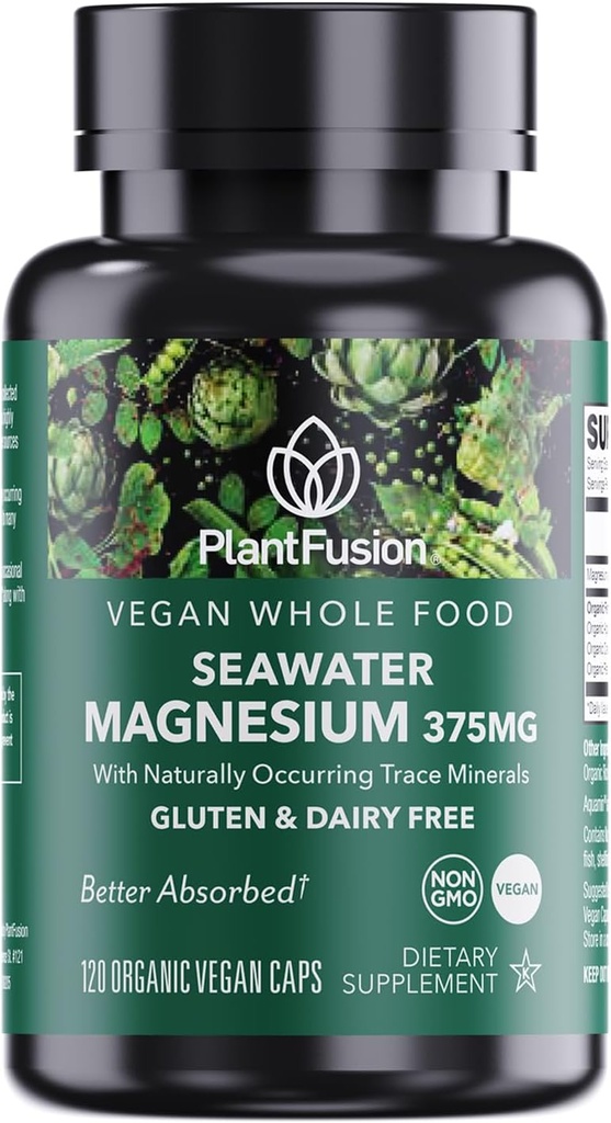 PlantFusion Vegan Magnesium Complex 375mg fra Sea Water, Bioavailable Marine Magnesium med gæret organisk fuldfoder blend, non-GMO, muscle & relaxation support, 120 Cap