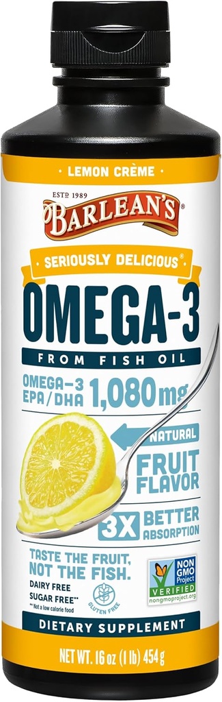 Barlean 's Omega 3 Fish Oil Liquid Supplement for mænd og kvinder, Lemon Crème, 1080mg af Omega 3 EPA og DHA Fede Acid, 16 oz
