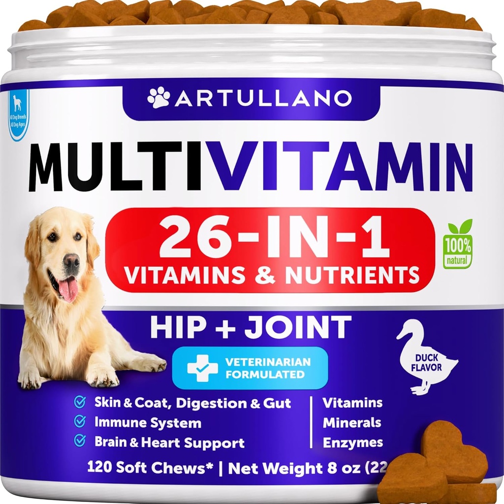 Hund Multivitamin Chewable med Glucosamin 26 i 1 - Hund Vitaminer og kosttilskud - Senior & Puppy Multivitamin til hunde - Pet fælles støtte sundhed - Immunitet, mobilitet, Gut Skin - 120 Tyre
