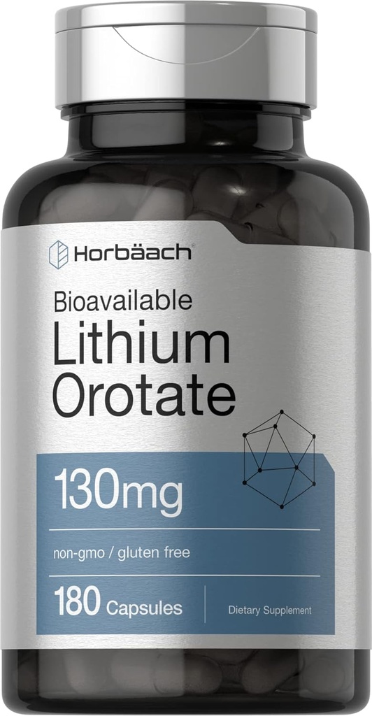 Horbäach Lithium Oroter 130 mg * 124; 180 Kapsler * 124; Non- GMO, Gluten Free * 124; 5mg Biotilgængelig Elemental Lithium