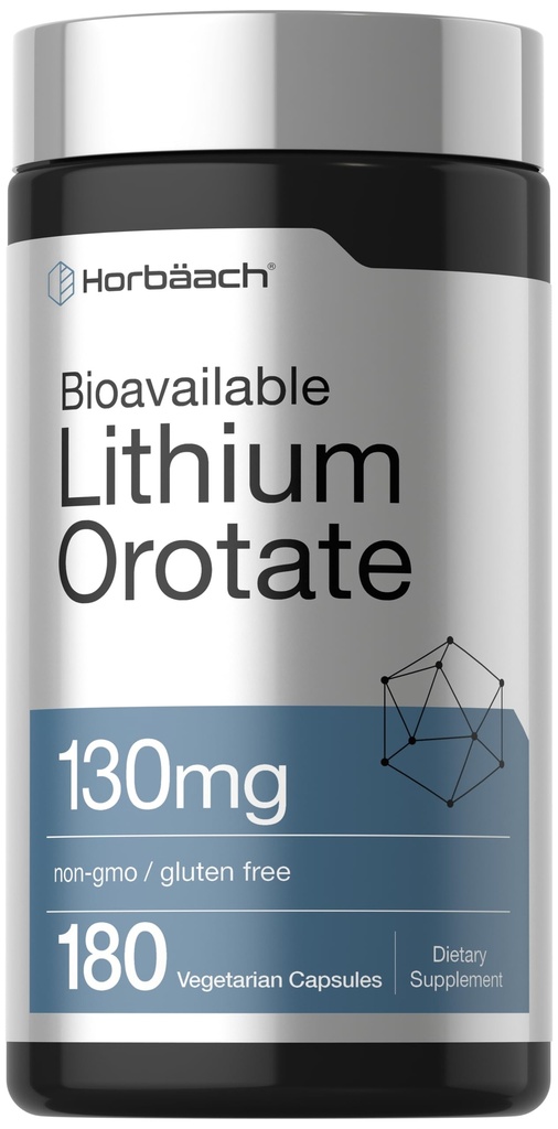 Horbäach Lithium Oroter 130 mg * 124; 180 Kapsler * 124; Non- GMO, Gluten Free * 124; 5mg Biotilgængelig Elemental Lithium