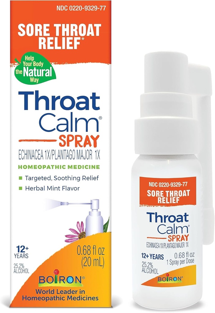 Boiron ThroatCalm Spray til lindring Sore Throat Relief - Plant- drevet med Echinacea - Natural, Mint- Like Herbal Flavor - Non- Numbing & Benzocaine- Free - .68 Fl Oz