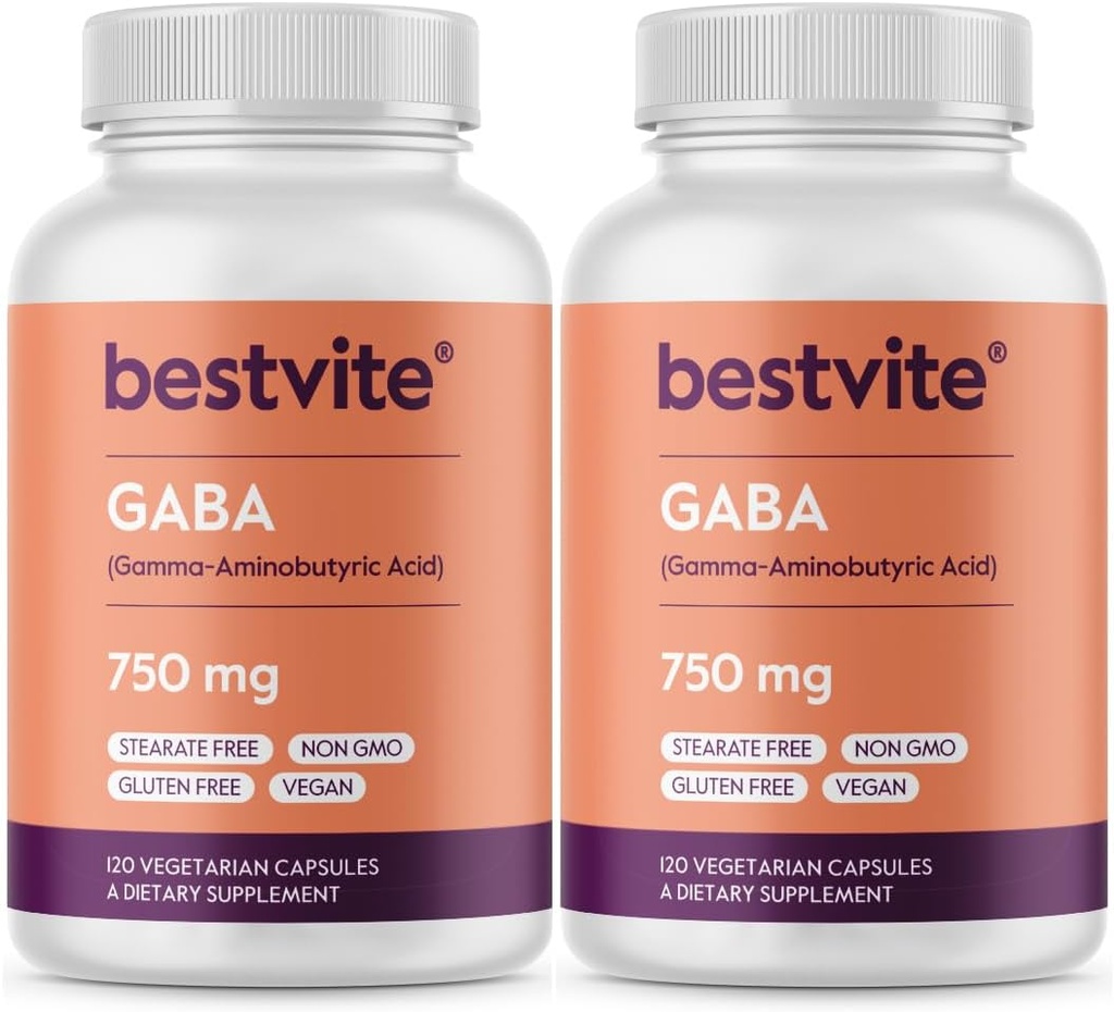 BESTVITE GABA 750mg per kapsel (240 vegetariske kapsler) (120 x 2) - Ingen stearater - Ingen Fillers - Vegan - Gluten Free - Ikke GMO
