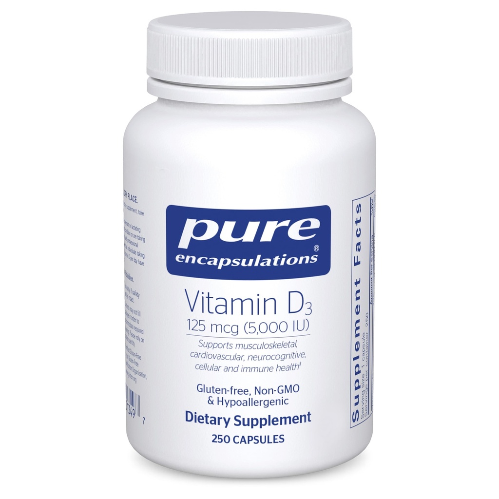 Pure indkapsninger D3 125 mcg (5.000 IE) - supplement til støtteben, fælles, bryst, hjerte, kolon og immunforsvar * - med D-vitamin - 250 kapsler