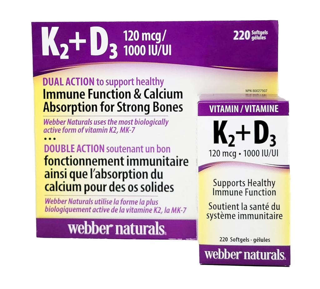 Webber Naturals K2 + D3 120 mcg / 1000 IE, understøtter sund immunfunktion - 220 bløddele