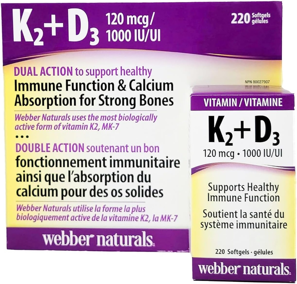 Webber Naturals K2 + D3 120 mcg / 1000 IE, understøtter sund immunfunktion - 220 bløddele