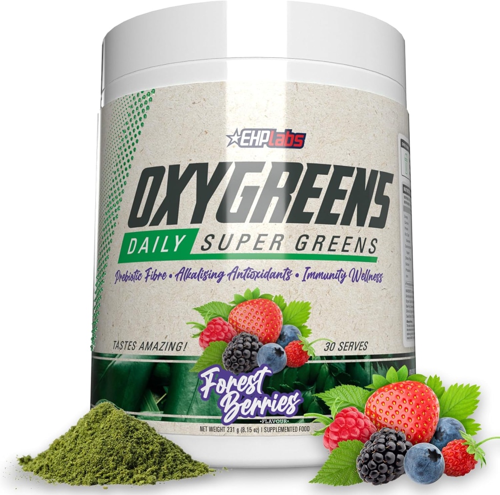 EHP Labs Oxygreen Super Green Powder - Daily Green & Superfood supplement med Spirulina, Chlorella, Prebiotics, fordøjelsesenzymer, antioxidanter - 30 Servere (Forest Berries)