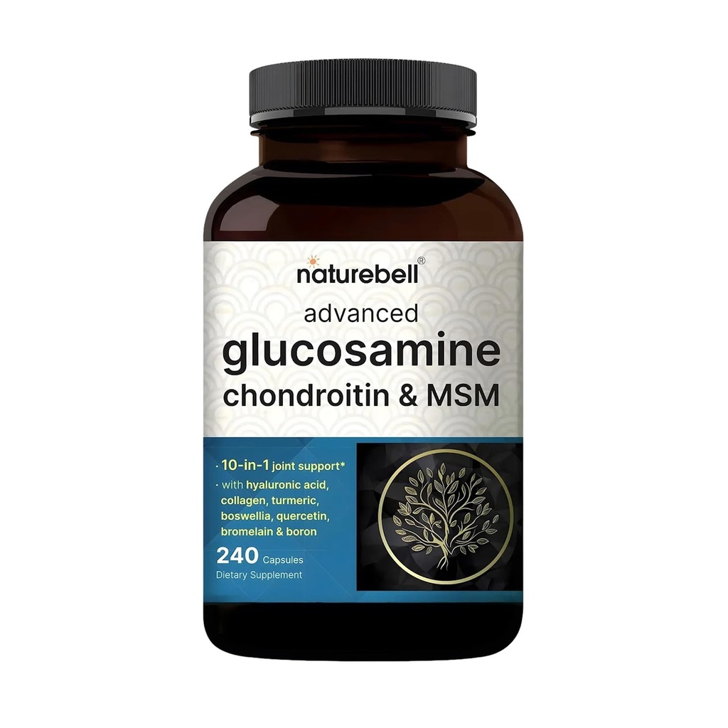 NatureBell Advanced Glucosamin Chondroitin MSM Supplement, 240 Capsules Name 124; 10- in-1 Joint Support Complex - with Hyaluronic Acid, Collagen, Gurkemeje, Boswellia, & Mere - Non- GMO