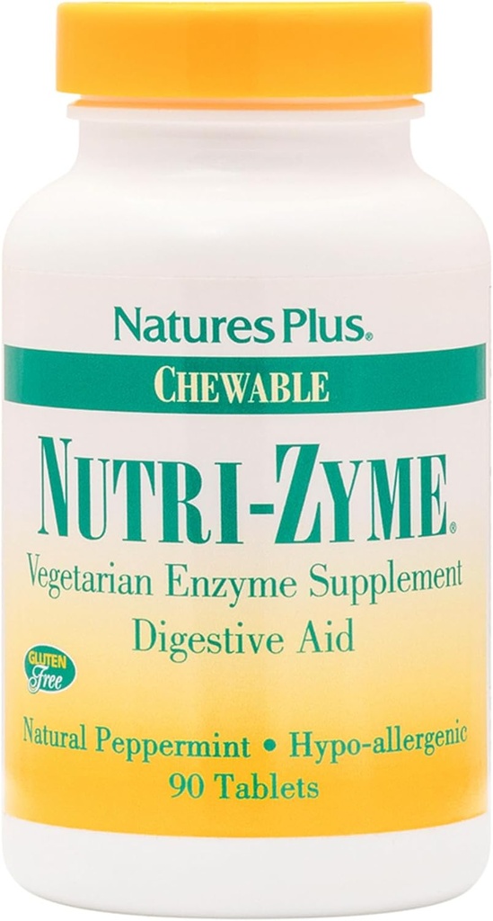 Naturlige Plus Nutri Zyme - 90 tyggetabletter, pebermynte Flavor - Vegetarisk Enzyme tillæg med Bromelain & Papain, Natural fordøjelseshjælp - Gluten- Free - 45 Serveringer