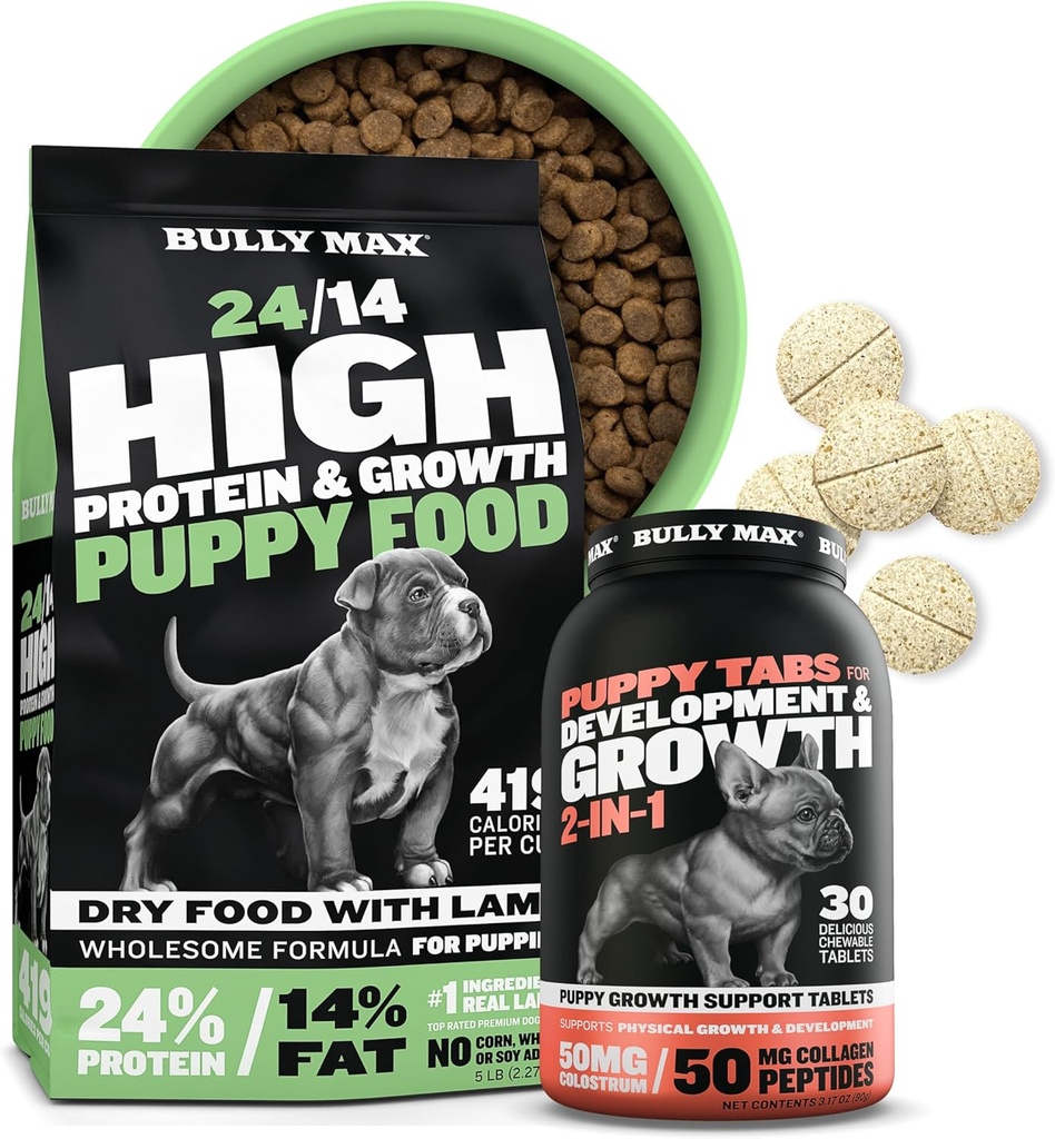 Bully Max 24 / 14 High Protein Puppy Food (5lbs.) og Puppy Vitaminer (30 tyggetabletter) for udvikling & vækst bundle - Muskel, immunforsvar, ben & fordøjelsesstøtte i små og store Breed Puppies