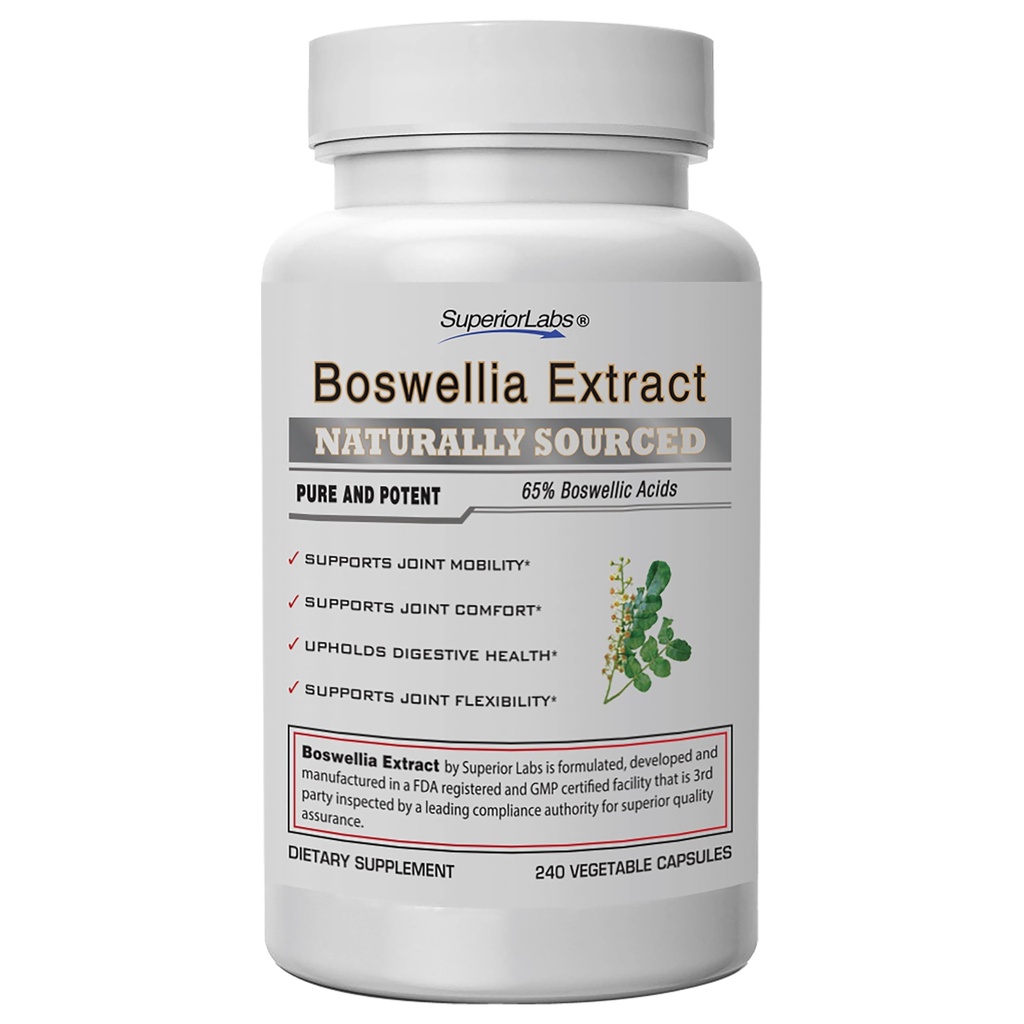 Superior Labs Boswellia Serrata Extract 500mg - 65% Boswellinsyre, Pure Non- GMO, Zero Fillers, Indian Frankincense, Understøtter sund Inflammatorisk respons & fælles Comfort - 240 Veg Caps