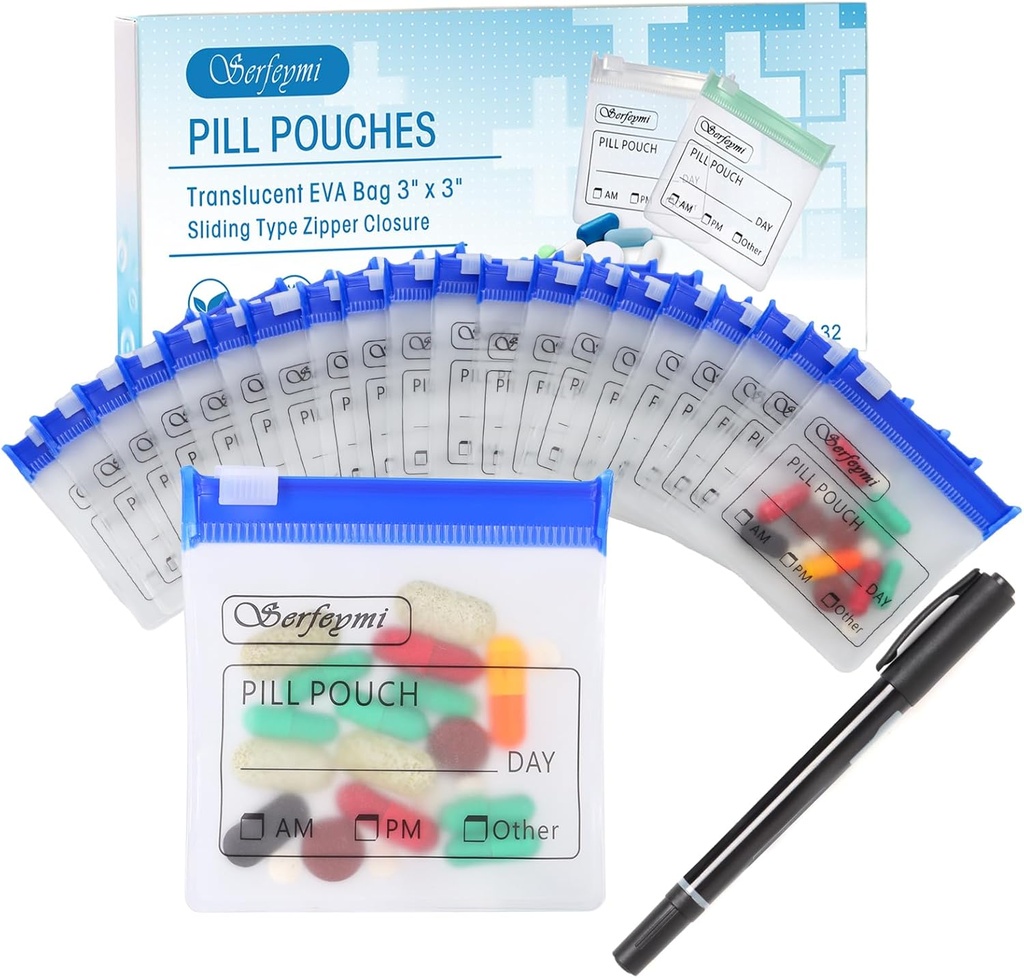 Serfeymi 32 Pcs Zipered Pill Pouches Organizer Plastic Tasker 3 X 3 Tommer 12 mil Self Sealing med Slide Lock Writable Label Gennemsigtig rejse medicin opbevaring taske sag og 1 Pc Marker- blå