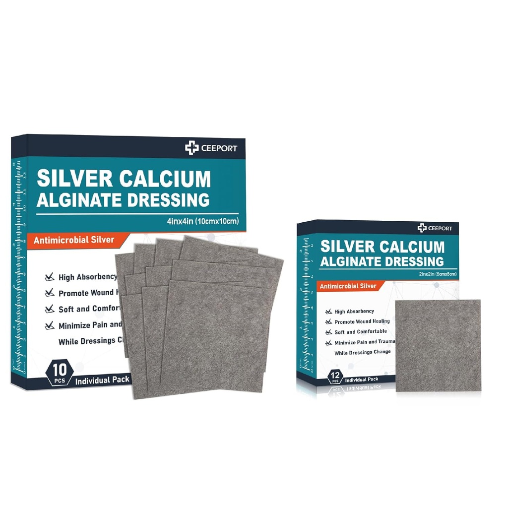 Sølv Calciumalginat Klædning (4 "x 4" 10 Pcs + 2 "x 2" 12 Pcs)