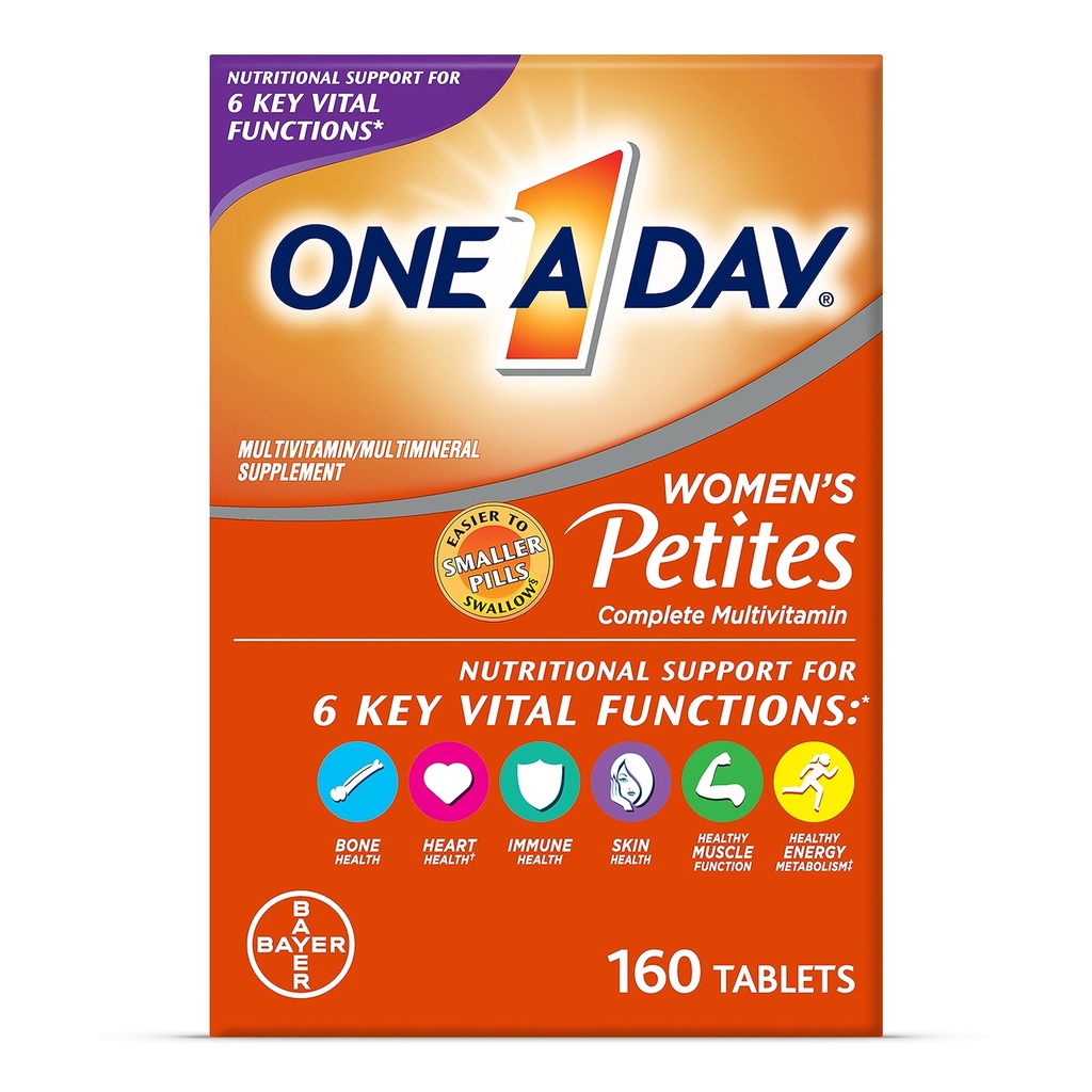 One A Day Women 's Petites Multivitamin, Supplement med vitamin A, C, D, E og zink til immunforsvar, B Vitaminer, Biotin, Folate (som folinsyre) & mere, Tablet, 160 tæller