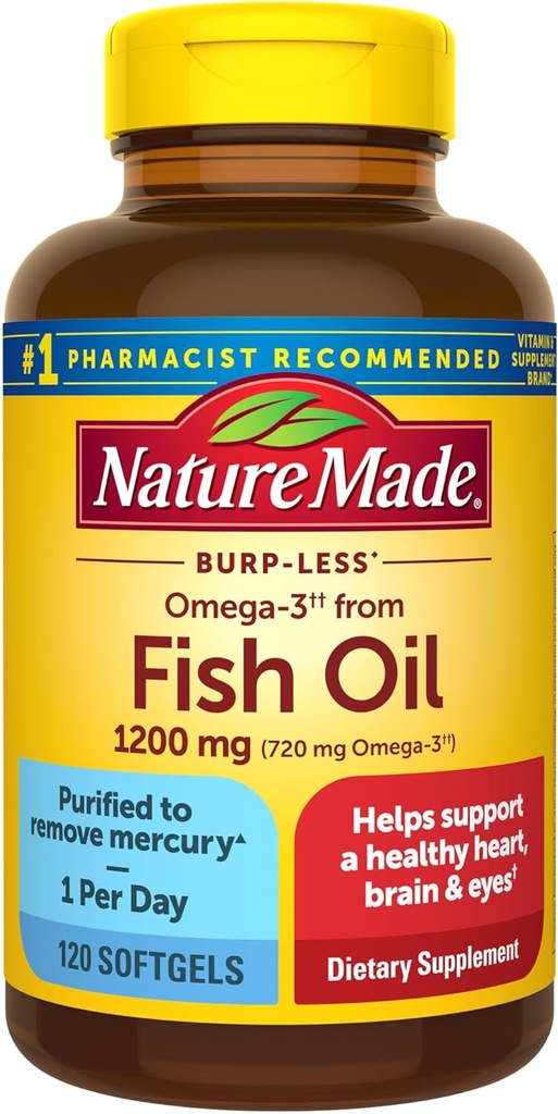 Nature Made Burp Mindre Omega 3 Fish Oil Supplements, 1200mg, EPA DHA Omega 3 Supplement som Ethyl Esters, Fish Oil Softels for Sund Hjerte, Hjerne- og Øjenstøtte, One Per Dag, 120 Softgels