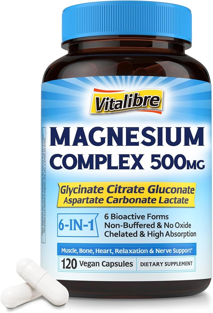 Magnesiumkompleks 500 mg, 6 i 1 chelateret Magnesiumglycinat, Citrat, Aspartat, Gluconat, Carbonat & lactat, Max Absorption Supplement for dvaletilstand & ro, 120 Vegan Caps, Ingen Magnesio oxide