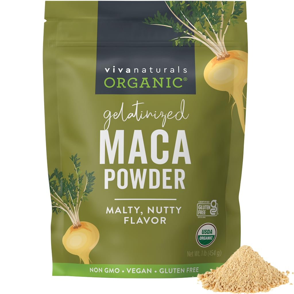 Viva Naturals Organic Maca Powder, Gelatinized, 16 oz (1 LB) - Vegan, USDA Organic, Glutenfri, Non- GMO Peruvian Superfood i resealable bag