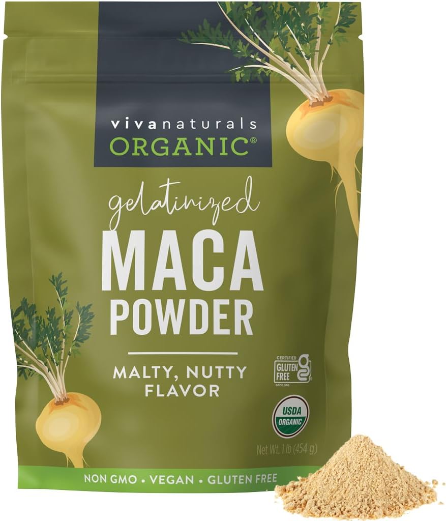 Viva Naturals Organic Maca Powder, Gelatinized, 16 oz (1 lb) – Vegan, USDA Organic, Gluten-Free, Non-GMO Peruvian Superfood in Resealable Bag