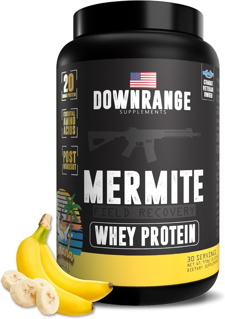 DownRange Mermite Whey Protein Powder, Post Workout Muscle Recovery og energistøtte, Drik mix supplement med 20g Whey Protein, 9g Aminosyre, 30 Servere (Banana)