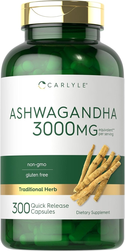 Carlyle Ashwagandha Supplement for kvinder og mænd; 124; 3000mg • 124; 300 Kapsler • 124; Herb Root Extract med sort peber • 124; Non- GMO og Gluten Free