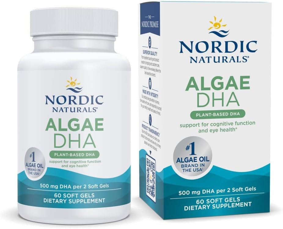 Nordic Naturals Algae DHA - 60 Soft Gels - 500 mg Omega-3 DHA - Certificeret Vegan Algae Oil - Plantbaseret DHA - Brain, Eye & Nervesystemet support - non-GMO - 30 Serveringer