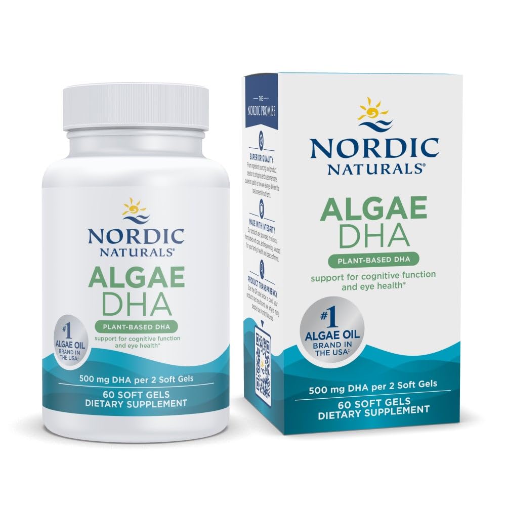 Nordic Naturals Algae DHA - 60 Soft Gels - 500 mg Omega-3 DHA - Certificeret Vegan Algae Oil - Plantbaseret DHA - Brain, Eye & Nervesystemet support - non-GMO - 30 Serveringer