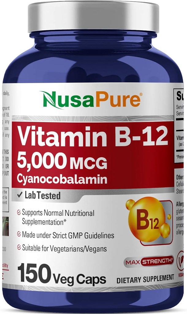 NusaPure Vitamin B12- 5000 MCG 150 Veggie Kapsler (ikke- GMO, Vegan) - Max Strength Vitamin B12