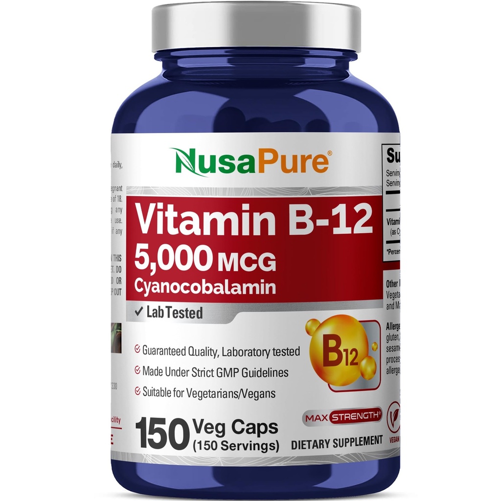 NusaPure Vitamin B12- 5000 MCG 150 Veggie Kapsler (ikke- GMO, Vegan) - Max Strength Vitamin B12