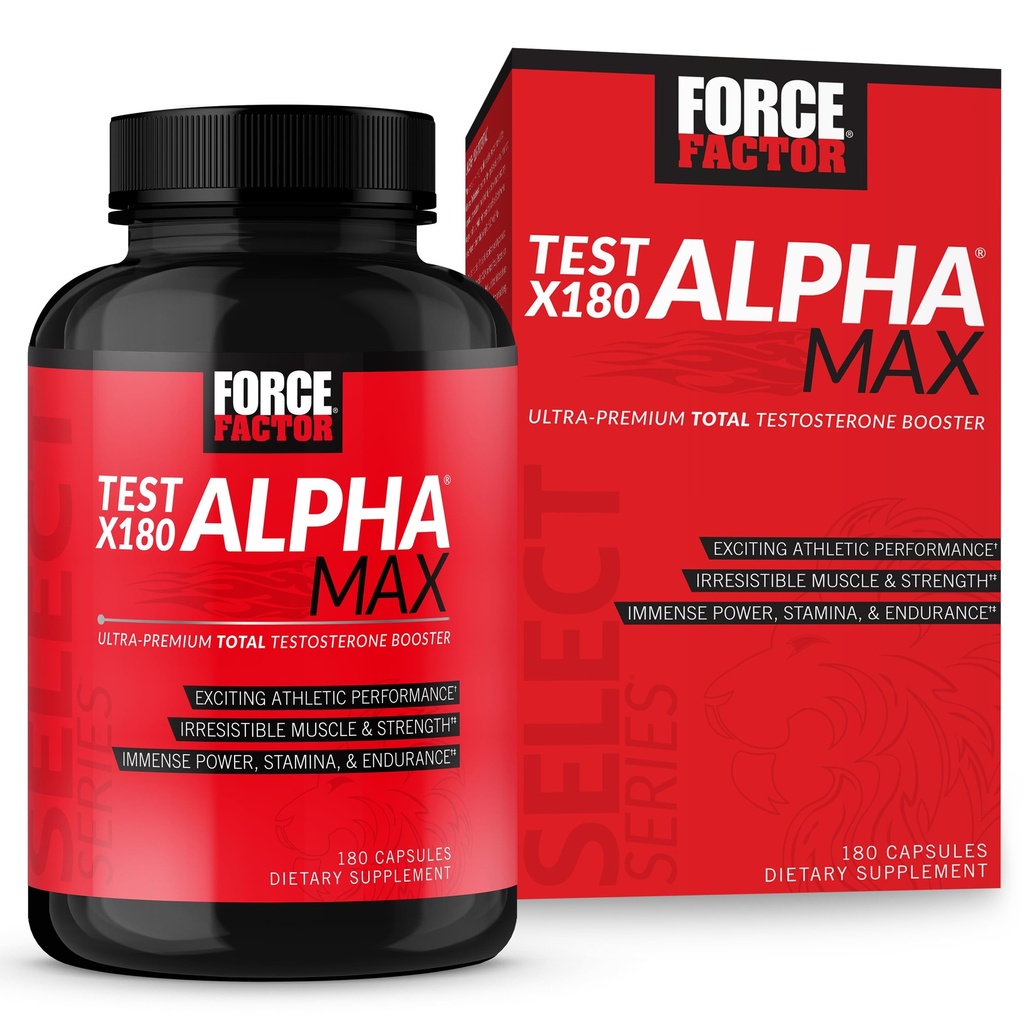 FORCE FACTOR Test X180 Alpha Max Total Testosteron og nitrogenoxid Booster for mænd med bukkehorn frø og Tribulus at øge blodgennemstrømningen og forbedre mandlige atletiske ydeevne, 180 kapsler