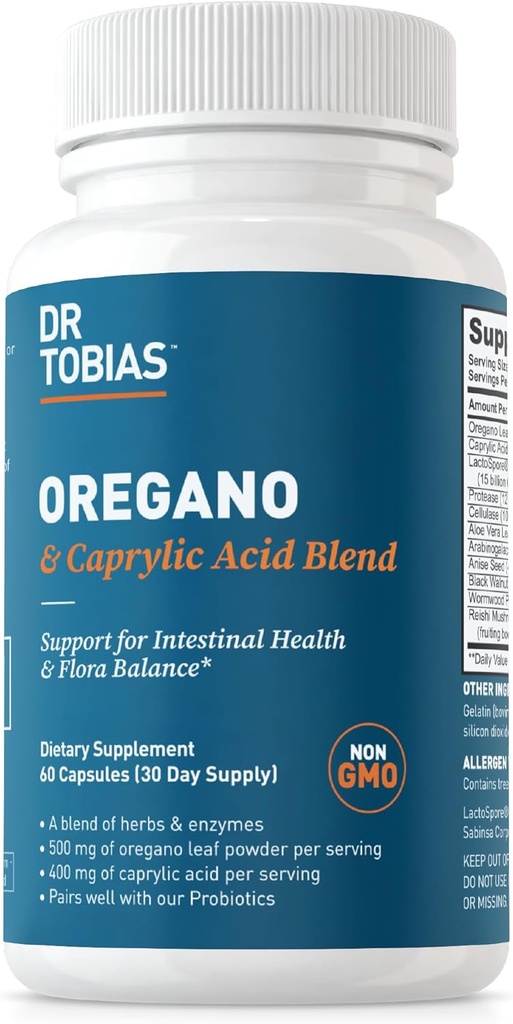 Dr. Tobias Oregano og Captain Acid Blend, Gut Flora Balance Complex med Probiotika & enzymer til intestinal og immunforsvar, Gut Health Supplements for Women & Men, 60 Kapsler, 30 Servere