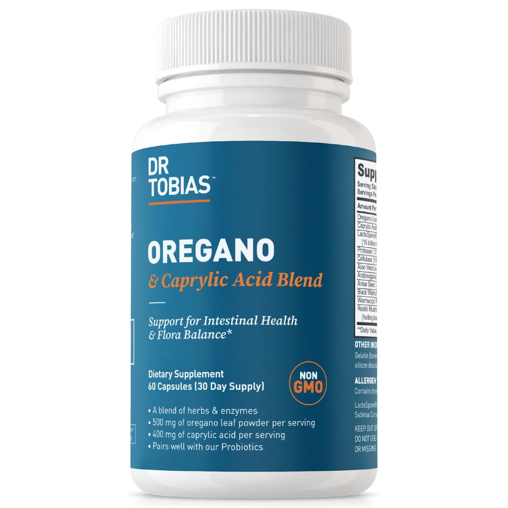 Dr. Tobias Oregano og Captain Acid Blend, Gut Flora Balance Complex med Probiotika & enzymer til intestinal og immunforsvar, Gut Health Supplements for Women & Men, 60 Kapsler, 30 Servere